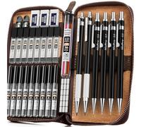 Nicpro 6 piezas portaminas de metal negro en estuche de cuero, lápiz de dibujo artístico 0.3 0.5 0.7 0.9 y 2 mm para escribir bocetos, incluye 18 tubos de recargas (6B 4B 2B HB 2H 4H colores)