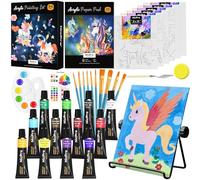 Nicpro Juego de 34 piezas de pintura para niños con lienzo de patrón, kit de suministros de pintura artística con 12 pinturas acrílicas, 10 pinceles, 6 paneles de lienzo, caballete de mesa,