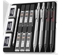 Nicpro Juego de 4 lápices mecánicos de metal de 0,5 mm y 0,7 mm con estuche, lápices para artistas MP1000 con 6 tubos HB, 3 gomas de borrar, 9 recambios para escritura artística, dibujo