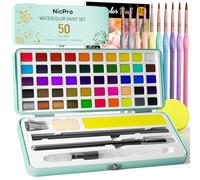 Nicpro - Juego de pintura de acuarela (50 colores, pintura metálica, fluorescente, 8 pinceles de pintura macaron, papel de acuarela, paleta, para artistas, adultos y debidos