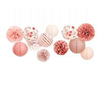 NICROLANDEE Decoración de boda rosa, 12 farolillos de papel de oro rosa y pompones de papel de seda, decoración para decoración de bodas, baby shower, fiesta de cumpleaños, farolillos de papel