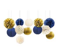 NICROLANDEE Decoraciones azul marino y dorado, 12 faroles de papel colgantes, pompones de papel para decoración de cumpleaños de hombres, fiesta de graduación, suministros de fiesta de Año Nuevo