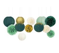 NICROLANDEE Decoraciones de boda verdes, 12 unidades, verde y dorado, pompones de papel de seda, farolillos de papel, decoración para despedidas de soltera, baby shower, color verde bosque, jardín,