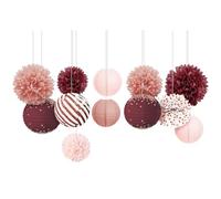 NICROLANDEE Decoraciones de fiesta color burdeos, 12 faroles de papel colgantes, pompones de tela, decoración para despedida de soltera, cumpleaños, boda, aniversario, día de San Valentín