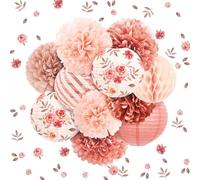 NICROLANDEE Decoraciones de fiesta de oro rosa, 12 linternas de papel, pompones de papel, decoración de confeti para boda, despedida de soltera, fiesta de San Valentín, decoración de fiesta de