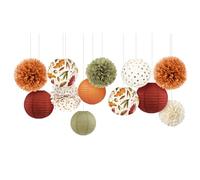 NICROLANDEE Decoraciones de fiesta de otoño, 12 faroles de papel de hoja de arce naranja, pompones de tela para decoración de fondo de otoño y Acción de Gracias