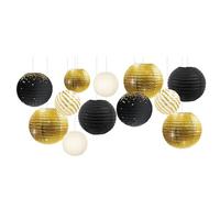 NICROLANDEE Suministros de Fiesta de Oro Negro - 12 linternas de Papel de Aluminio metálico Negro y Dorado Decorativas para graduación, Bodas, Baby Showers, Decoraciones de Fiesta de jubilación