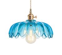 NICRX Lámpara colgante de cristal de loto, iluminación Industrial Vintage de 25cm, lámpara colgante de luz, lámpara colgante de techo con acabado de latón E27 (Azul)