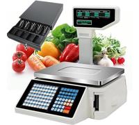 Nicvrea Báscula Digital con Pantalla LCD, Báscula contadora Comercial con Pantalla de Poste e Impresora de Etiquetas para Supermercados, Tiendas Minoristas Machine+Cashbox