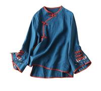 Nidddiv Blusa tradicional china para mujer, blusa tradicional china para mujer, blusa de flores, bordado cheongsam, blusa festiva para mujer, para bodas, tallas grandes, blusa holgada, azul, L