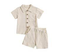 Nidddiv Camisa para bebé niño 74 niños pequeños trajes y conjunto de color sólido algodón lino cuello alto top y pantalones cortos al aire libre casual traje bebé traje crema, beige, 12-18 meses