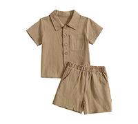 Nidddiv Camisa para bebé niño 74 niños pequeños trajes y conjunto de color sólido algodón lino cuello alto top y pantalones cortos al aire libre casual traje bebé traje crema, café, 3-4 años