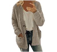 Nidddiv Cárdigan de lana de cordero sintético para mujer, ropa de punto térmica de color sólido con bolsillos, chaqueta de forro polar para mujer, suéter de felpa casual, abrigos de punto, ropa de