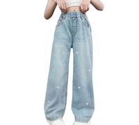 Nidddiv Conejo joyas Big Girls Wide Leg Jeans Heart Embroidery Denim Pants Loose Fit Baggy Casual Straight Leg Pants with Pockets Hose Mädchen Blumen, azul, 9-10 años