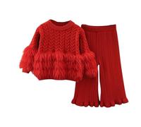 Nidddiv Conjunto de ropa para niña 92 Girl's Fall And Winter 2024 New Knitted Round Neck Top Flared Pants Two Piece Suits Chándal Niña 128, rojo, 100