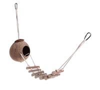 Nido de coco natural con escaleras de madera, hábitat de cueva, columpio colgante para pájaros, loro, hámster