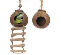 Nido de gecko de concha de coco natural, escondite de reptiles, jaula de cama de juguete con escalera para colgar, para lagartos, camaleón, gecko, serpientes, animales pequeños, 2 unidades