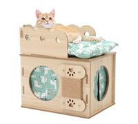 Nido de madera para gatos, cama para gatos con 2 alfombrillas suaves, apilable, fácil de limpiar y montar, villa de doble capa, combinación de escalada para mascotas