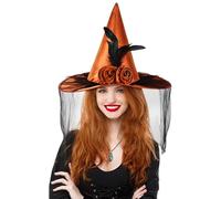 NIEBYI Sombrero de bruja de Halloween para mujer, velos negros de un lado (medio velo), disfraz de fiesta de cosplay (sombrero de bruja naranja)