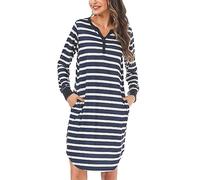 Nieery Camisones Mujer Algodón Manga Larga iInvierno Tallas Grandes Cuello en V Camisón Rayas con Bolsillos S-3XL