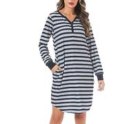 Nieery Camisones Mujer Algodón Manga Larga iInvierno Tallas Grandes Cuello en V Camisón Rayas con Bolsillos S-3XL