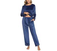 Nieery Pijamas Mujer Largo Invierno Forro Polar Cálida Suave Conjunto Ropa Dormir Manga Larga Dos Piezas Azul Marino L