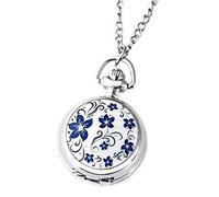 NIEI Reloj De Bolsillo Flor Azul Plata Pequeño De Cuarzo Retro Clásico Modelos De Pareja
