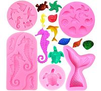 Nifocc - Moldes de silicona para decoración tartas, fondant, cola sirena, caballito mar, estrella concha moldes chocolate, caramelos, magdalenas, herramienta arcilla polimérica - 5 unidades