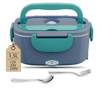 Nifogo Fiambrera Eléctrica 80W Calentador Comida Electrico 12V/24V/230V Fiambrera 1,5l Pefecto para Hogar,Camping y Oficina con Cubiertos y Gris Bolsa LX(Azúl)