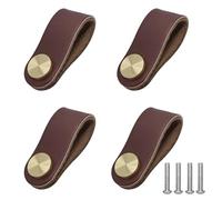 Nify Juego de 4 Tiradores para Armarios de Cuero Genuino, Tiradores de Mueble Marrón con Botón de Latón Cepillado y Tornillos, Tirador de Armario en Bucle para Cajones, Cocina, Baño