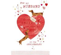 Nigel Quiney Tarjeta de aniversario para marido, diseño de perro salchicha y corazones, acabado de aluminio, tarjeta de felicitación de aniversario para él