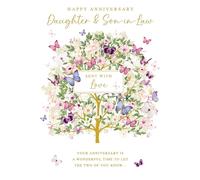 Nigel Quiney Tarjeta de aniversario para nuera y yerno, bonito diseño floral de árbol y mariposa, acabado de aluminio, tarjeta de felicitación de aniversario para una pareja especial