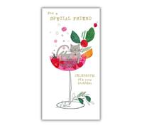 Nigel Quiney Tarjeta de cumpleaños especial para amigas, adorable diseño de cristal de celebración con ilustración de gato, tarjeta de feliz cumpleaños para ella, acabado de aluminio