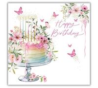 Nigel Quiney Tarjeta de cumpleaños para mujeres o niñas, bonito diseño de pastel floral, acabado de aluminio, tarjeta de felicitación de cumpleaños