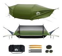 Night Cat Hamaca de Fondo Plano para 1 Persona con Mosquitera Cubierta Impermeable y Sala de Almacenamiento Adicional Senderismo Camping Jardín Patio Trasero Salvaje Verde Oscuro