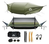 Night Cat Hamaca de Fondo Plano para 1 Persona con Mosquitera Cubierta Impermeable y Sala de Almacenamiento Adicional Senderismo Camping Jardín Patio Trasero Salvaje Verde Oscuro
