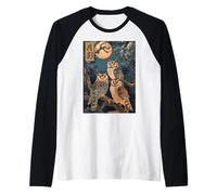 Night Owls Bosque Árboles Japonés Woodblock Pintura Vida Silvestre Camiseta Manga Raglan