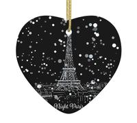 Night Paris - Colgante de cerámica con diseño de corazón de Navidad con la Torre Eiffel, decoración de árbol de Navidad con cuerda de hilo dorado