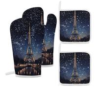 Night Paris - Juego de guantes de horno y soportes para ollas, 4 piezas, guantes de cocina con lazo para colgar, guantes de barbacoa para cocinar, hornear y asar