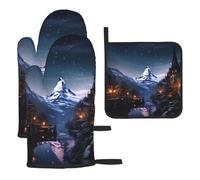 Night View - Juego de 3 guantes de horno y soporte para ollas, resistentes al calor, antideslizantes, guantes de cocina y almohadilla caliente para hornear, cocinar, asar a la parrilla, guantes de