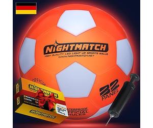 NIGHTMATCH Balón de Fútbol con LED Luminoso en la Oscuridad y con 2 Sensores Activados para Divertirse Niños, Talla 5 (Naranja/Blanco)