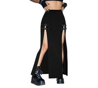 Nightycatty Falda larga gótica casual para mujer con aberturas laterales dobles y detalles de hebilla para fiesta, Negro (Buckle), XL