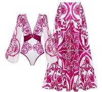 NihaoWXM Mujer Traje De Baño Women One Piece Swimsuit and Skirt Long-Sleeved Jungle Green Print Swimwear High Waist Bathing Suit Monokini(Swimsuit and Skirt,M)
