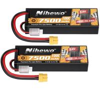 Nihewo 2 Paquetes de baterías Lipo 2S, 7,4 V 7500 mAh batería RC 100 C Estuche rígido Lipos XT60 Conector Compatible con 1/8 1/10 RC Coche camión Truggy vehículos Tanque Barco Aviones Modelos