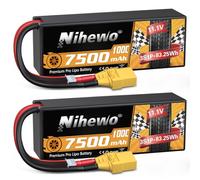 Nihewo Batería Lipo 3S, 2 Paquetes Batería RC 11.1V 7500mAh 100C 3S Lipo Estuche Rígido Conector XT90 Compatible con 1/8 1/10 RC Coche Camión Truggy Vehículos Tanque Barco Modelos de Avión