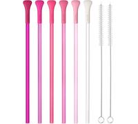 NiHome 6 pajitas antiarrugas con punta plana ancha de silicona, apto para vaso Stanley de 30 onzas y 40 onzas, popote largo de plástico reutilizable sin arrugas, 2 cepillos, sin BPA (serie rosa)