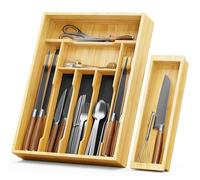 NiHome All-Bamboo Build - Organizador de cubiertos de doble piso para utensilios de cocina, cubiertos, maquillaje, suministros de oficina, con bandeja inferior grande, bandeja superior deslizante