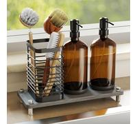 NiHome Dispensador de jabón para platos y jabón de manos para encimera de cocina con bandeja de secado de tierra de diatomeas, 2 botellas de vidrio ámbar, bombas de acero inoxidable negro, soporte