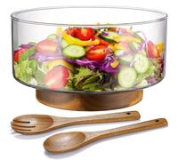 NiHome Ensaladera de vidrio con pinzas de madera de acacia, diseño de gran capacidad con estabilidad mejorada, plato versátil para ensaladas, frutas, ideal para reuniones y cenas familiares diarias