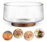 NiHome Ensaladera de vidrio extragrande con base de madera de acacia natural, diseño acanalado de gran capacidad para cenas familiares, fiestas, multiusos para servir ensaladas, frutas, vino (diseño